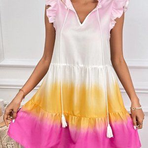 Tie Dye Frill Tie Neck Ruffle Hem Smock Dress